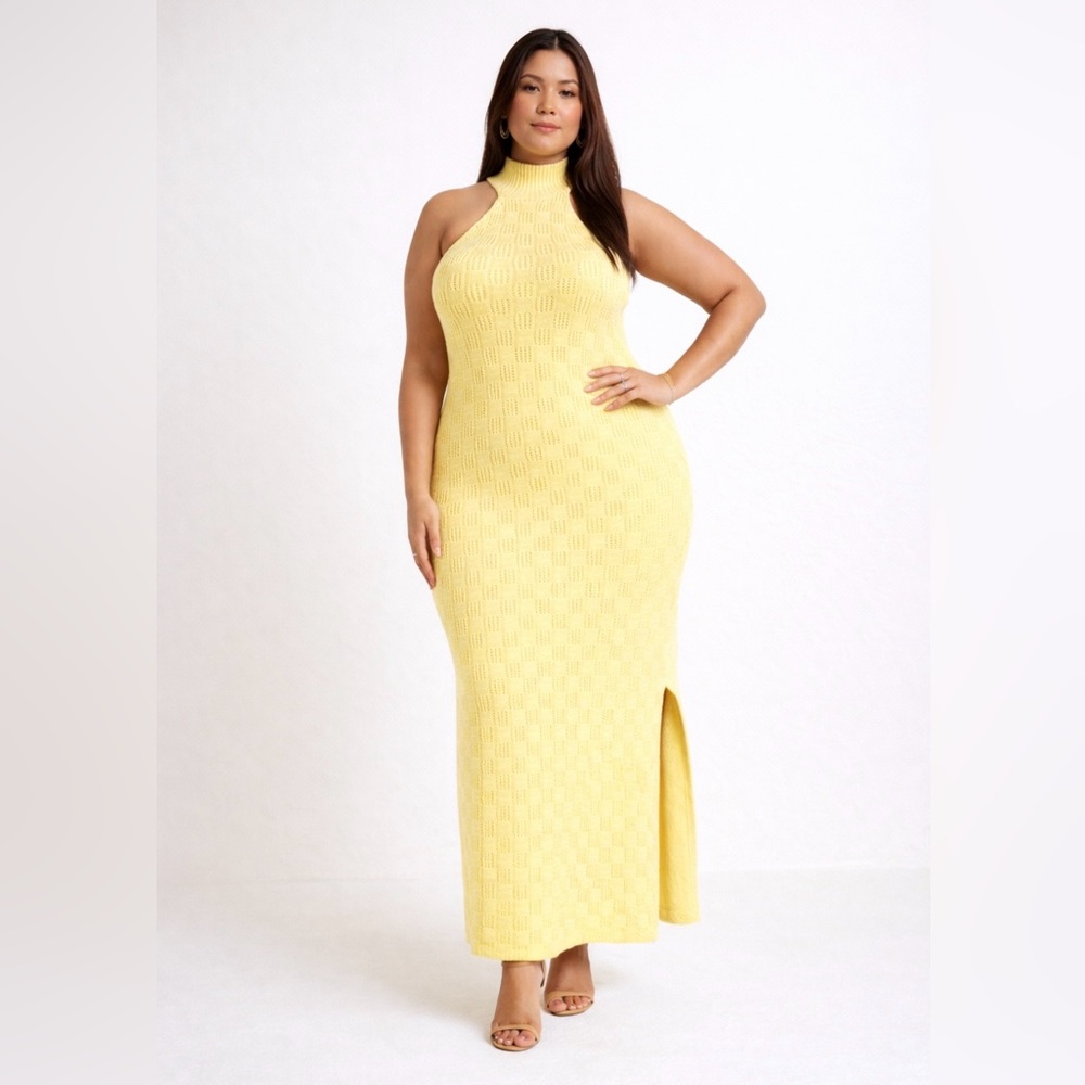 Eloquii Basket Weave Halter Neck Sweater knit Maxi Dress butter Yellow 18/20
